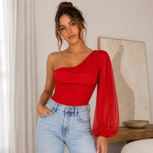 Hello Molly Red One Shoulder Bodysuit Women’s Size 4 Small Ruched Balloon Sleeve